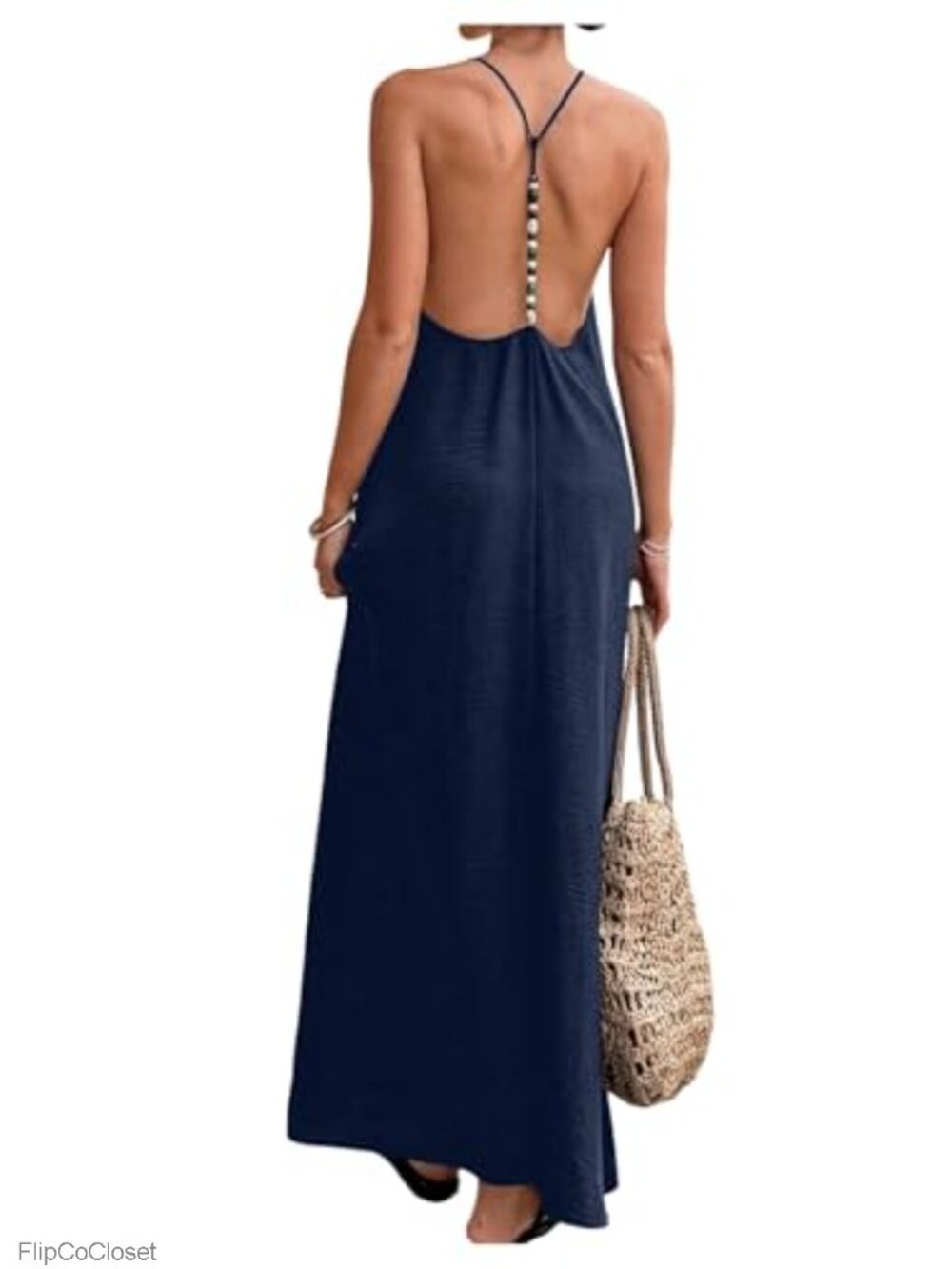 Verdusa Women's Backless Cami Maxi Dress Linen Textured V-Neck Beaded Straps
